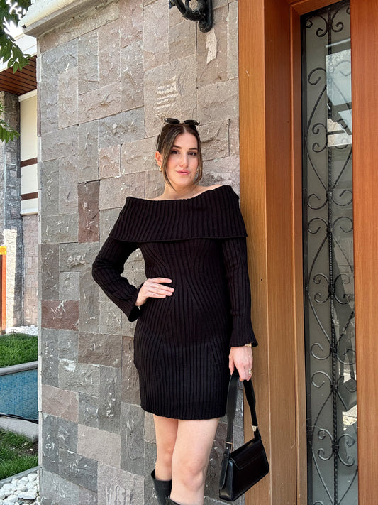 Kalın Fitil Madonna Yaka Elbise-SİYAH