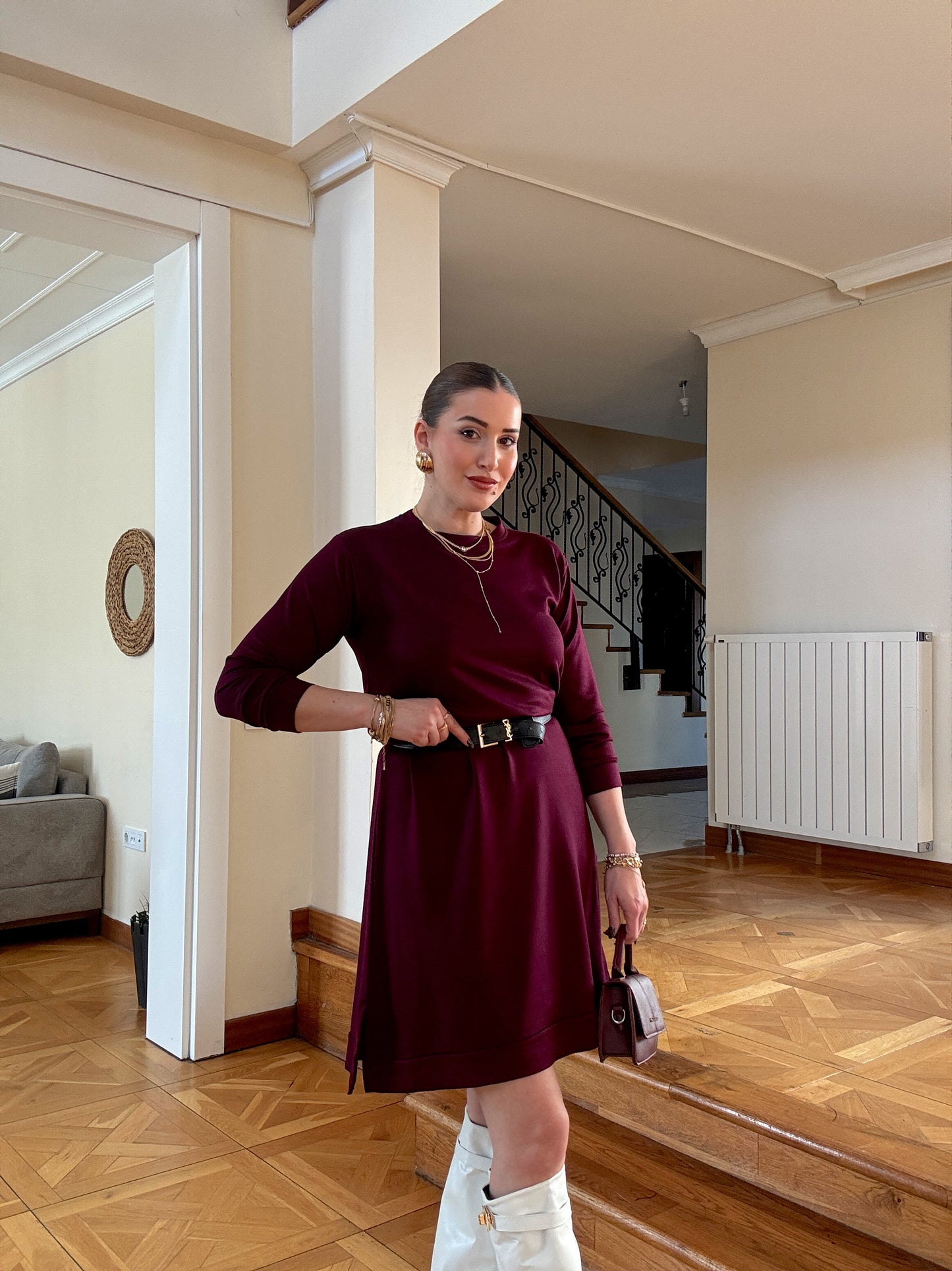 Uzun kol basic elbise Mürdüm