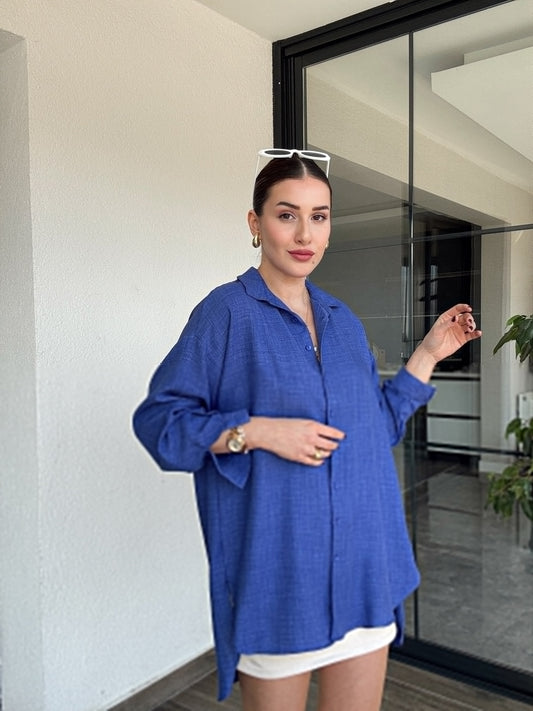 Arka Çift Pens Oversize Keten Gömlek SAKS MAVİ