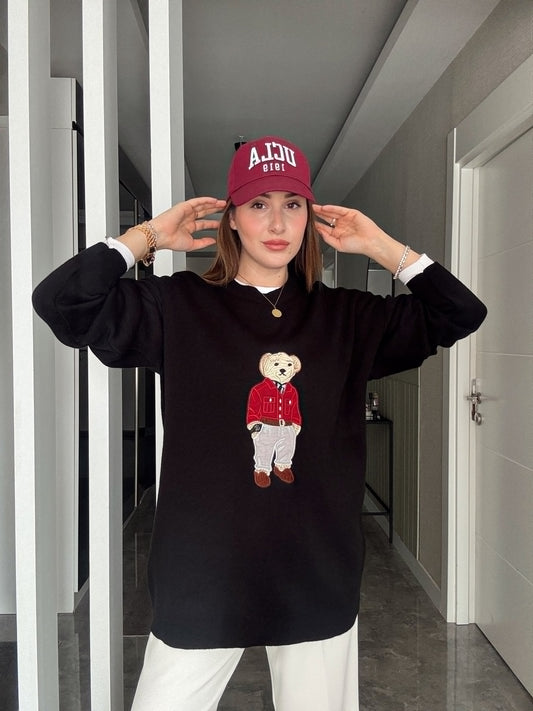 Oversize Ayıcık İşlemeli Kazak SİYAH