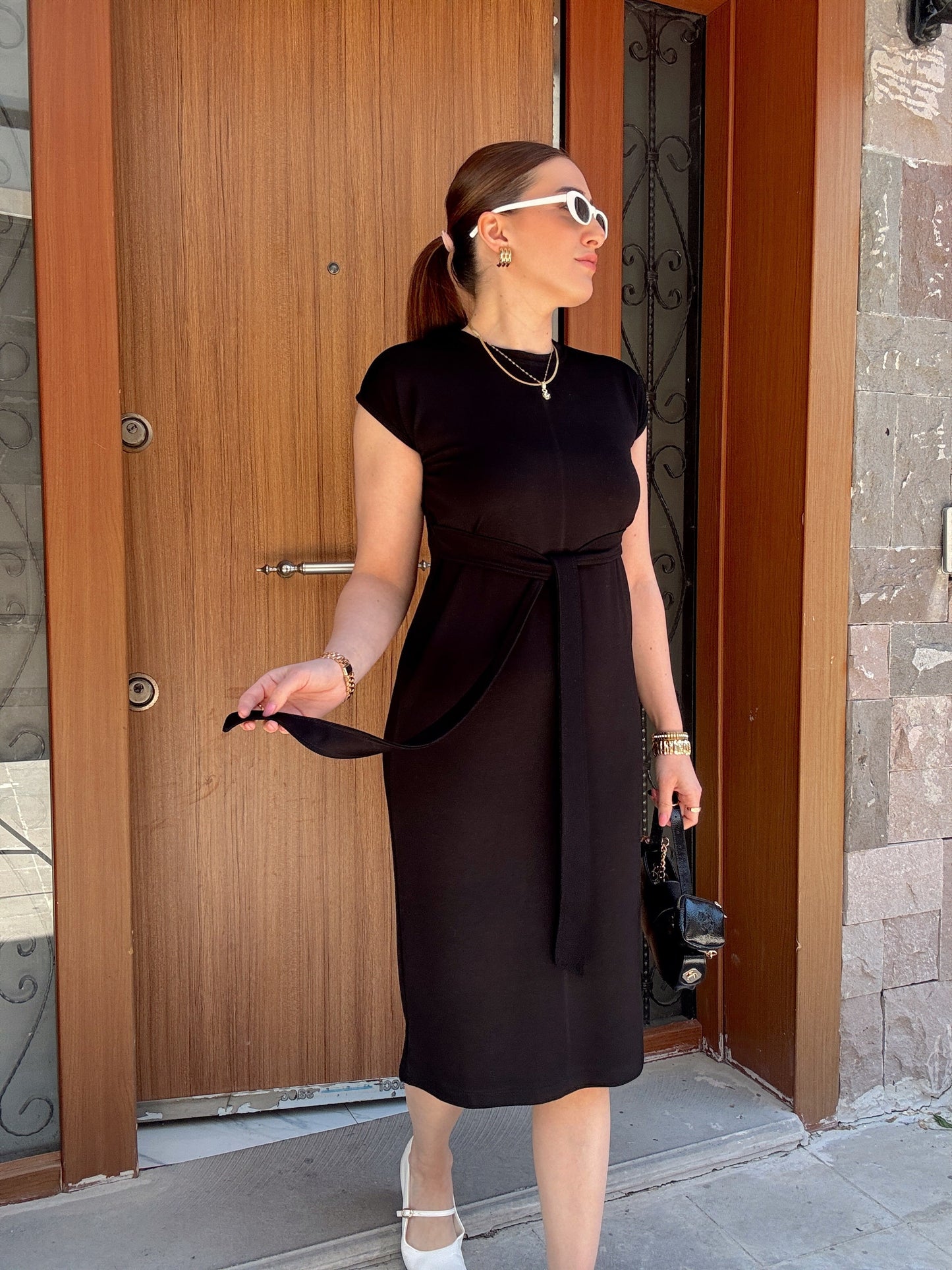 Belden Kemerli Yarım Kol Modal Elbise Siyah