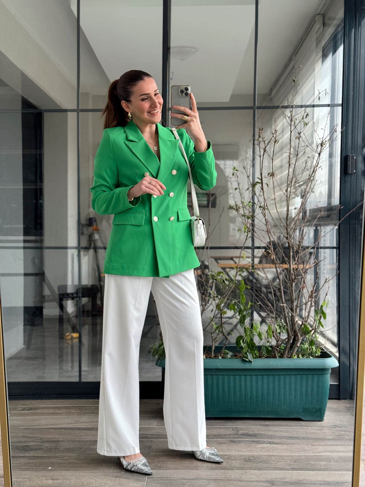 Gold Düğme Blazer Ceket - YEŞİL