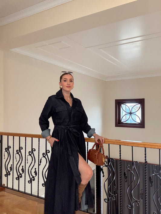 Kuşaklı jean elbise-KOYU MAVİ