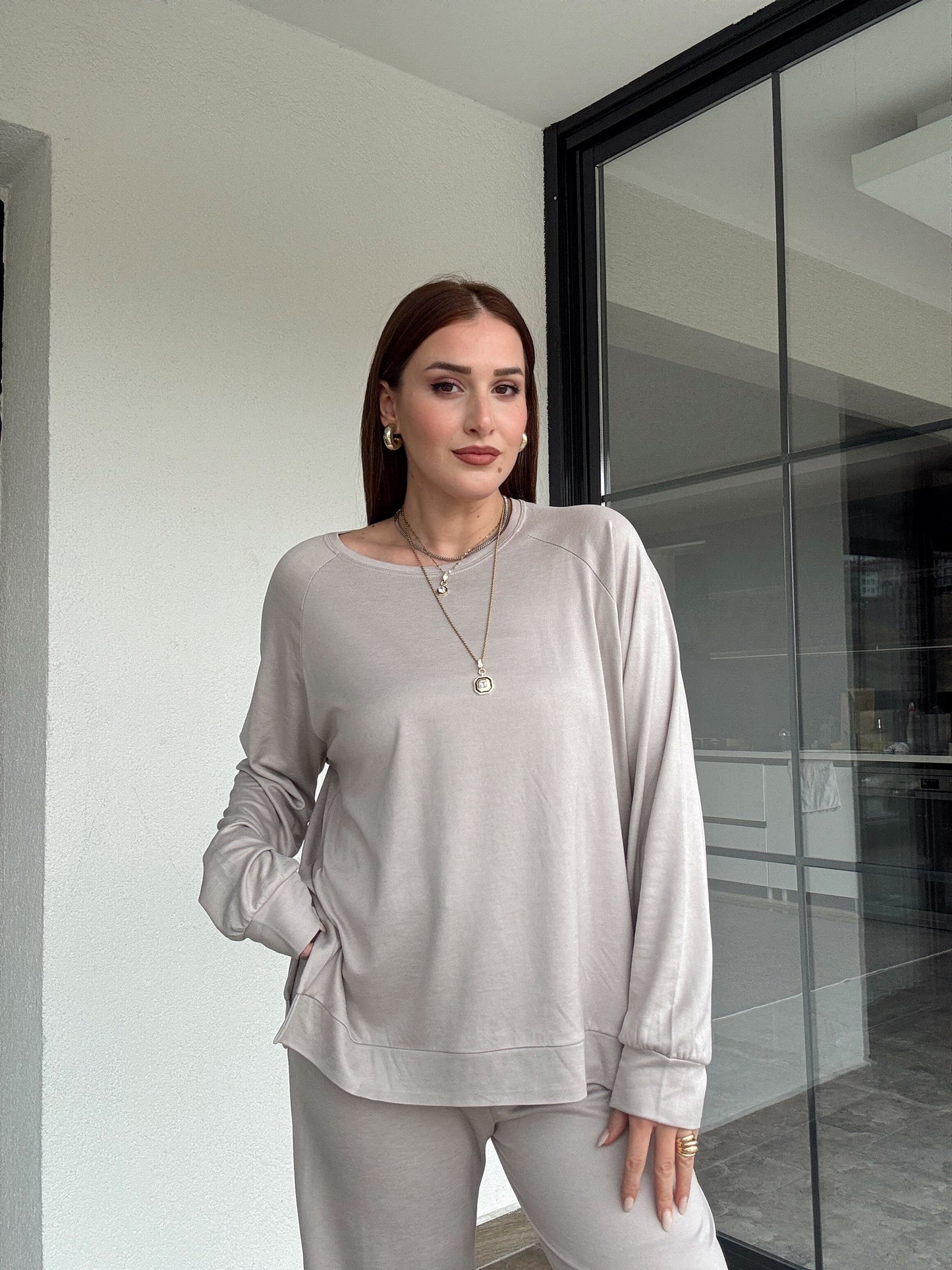 Modal kumaş reglan kol yırtmaç detaylı takım-TAŞ