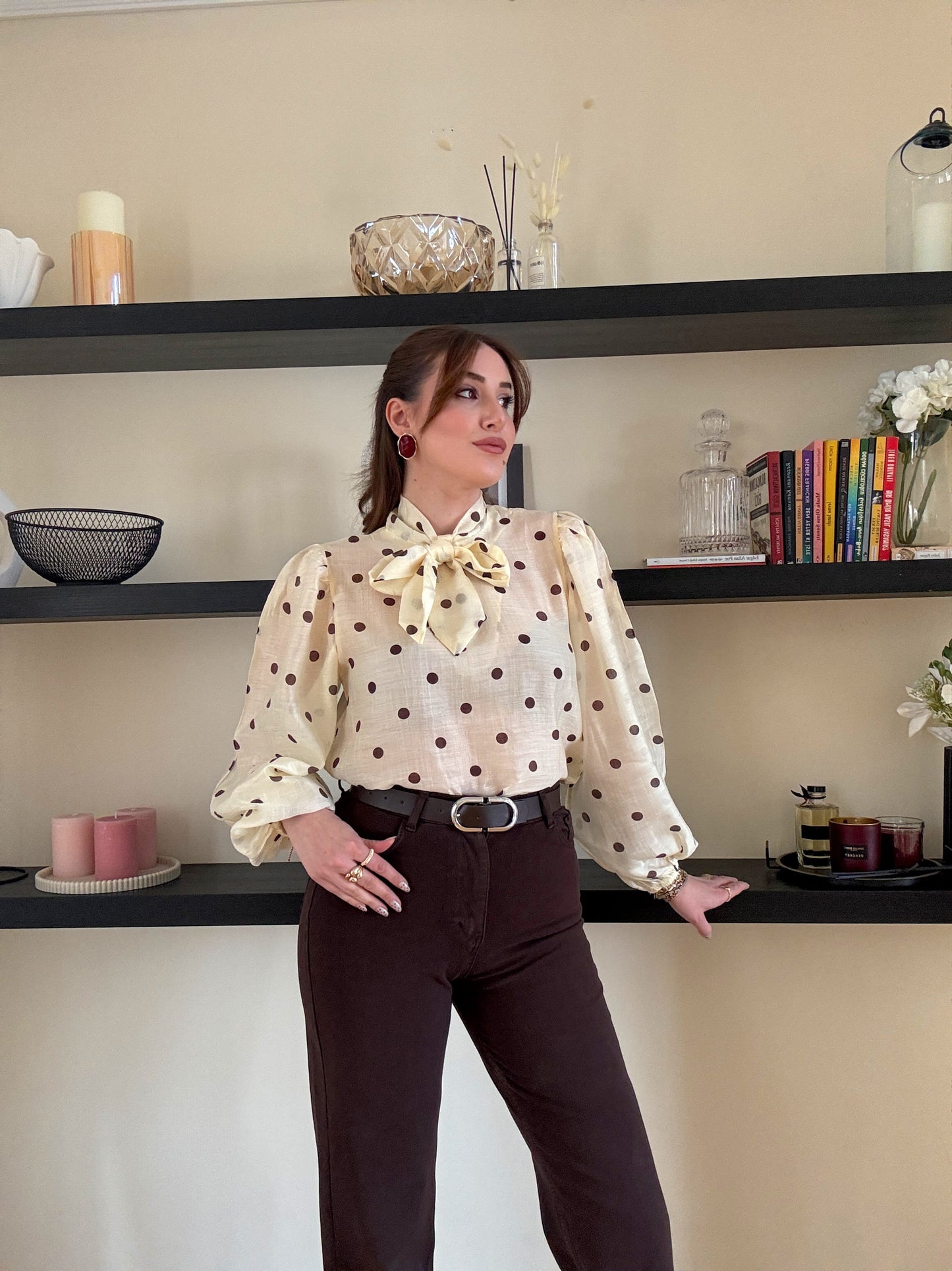 Puantiye desenli viskon gömlek açık Sarı