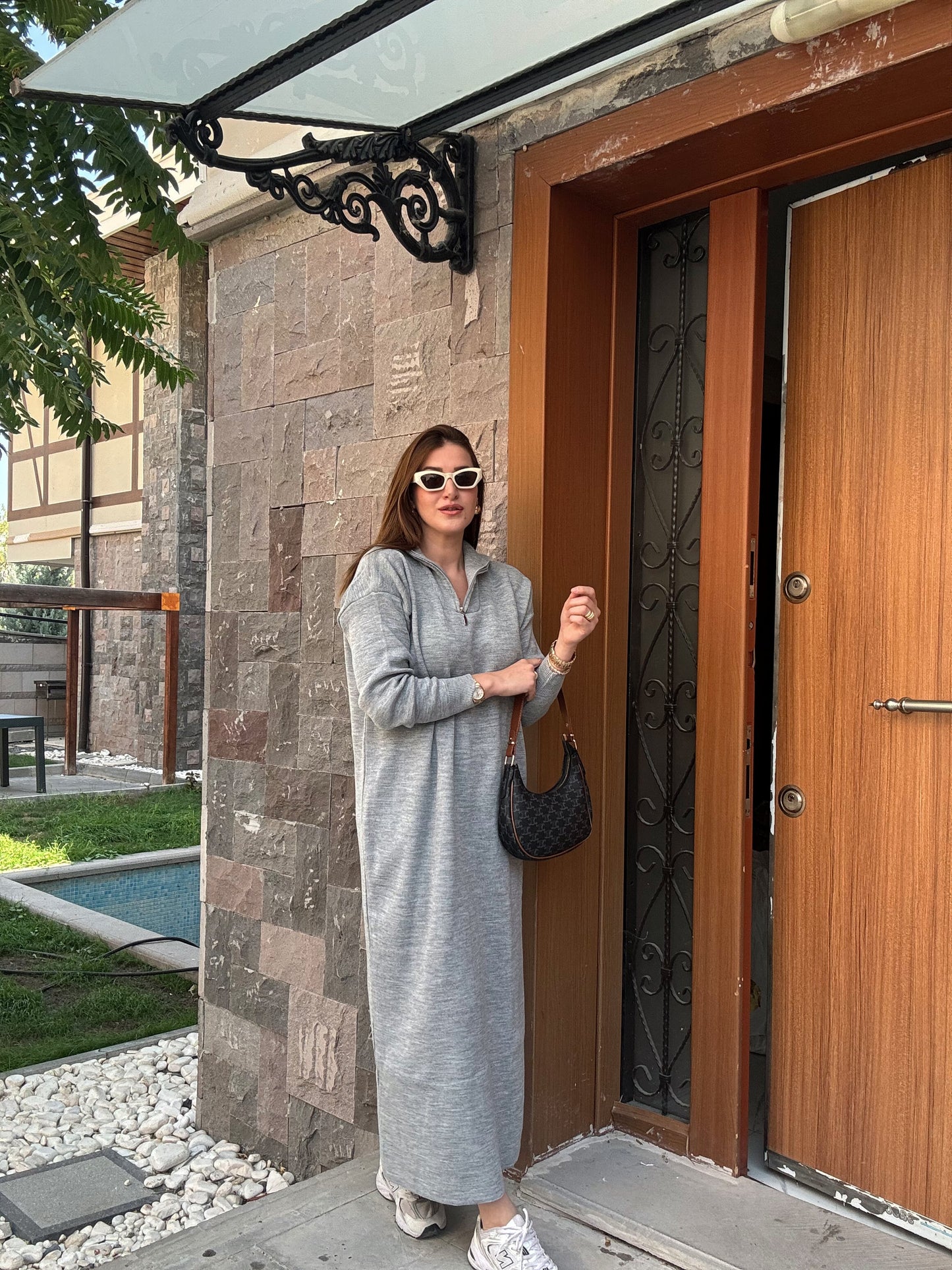 Fermuarlı Triko Elbise - GRİ