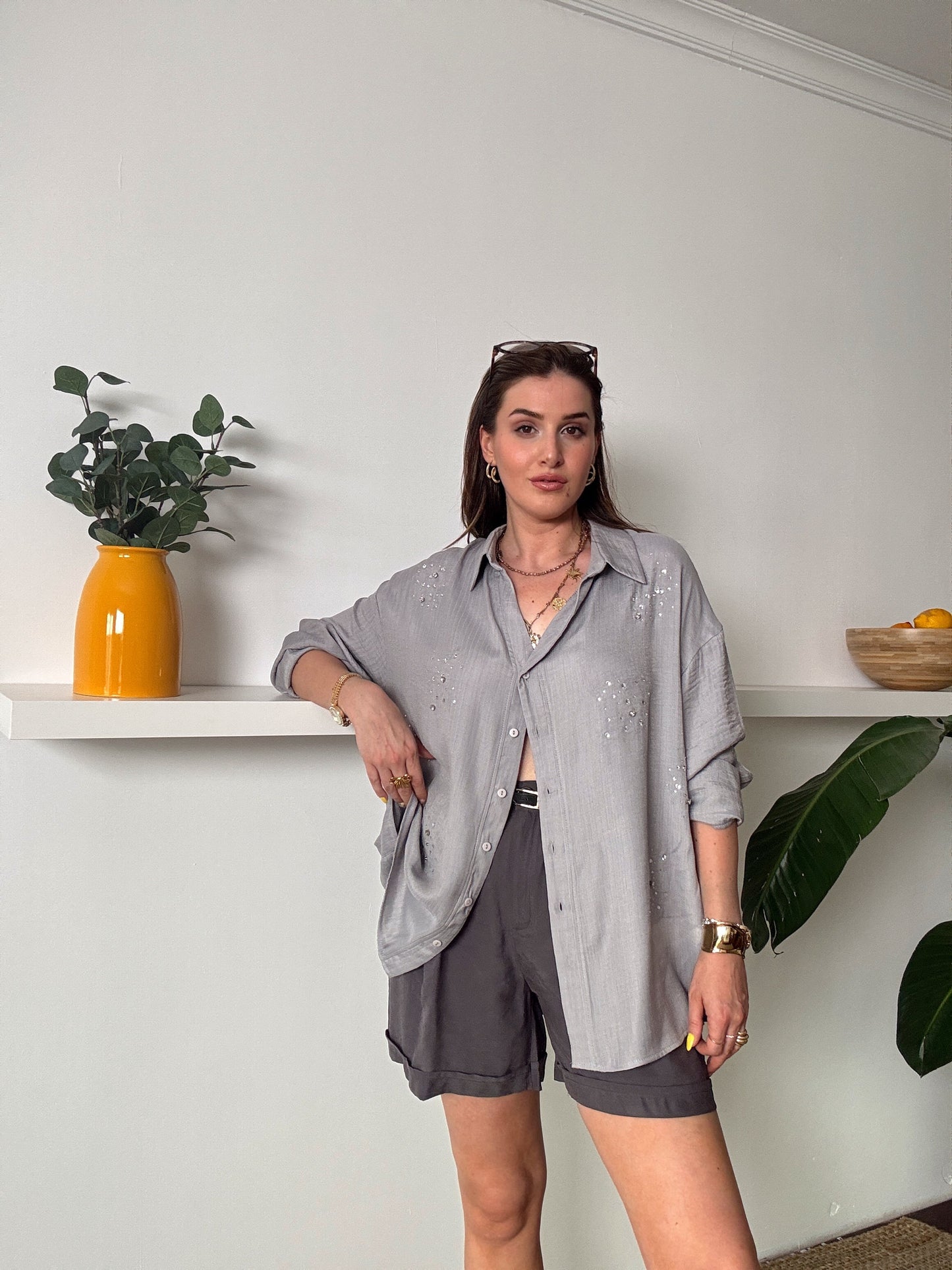 DİANA taş detaylı KETEN gömlek GRİ