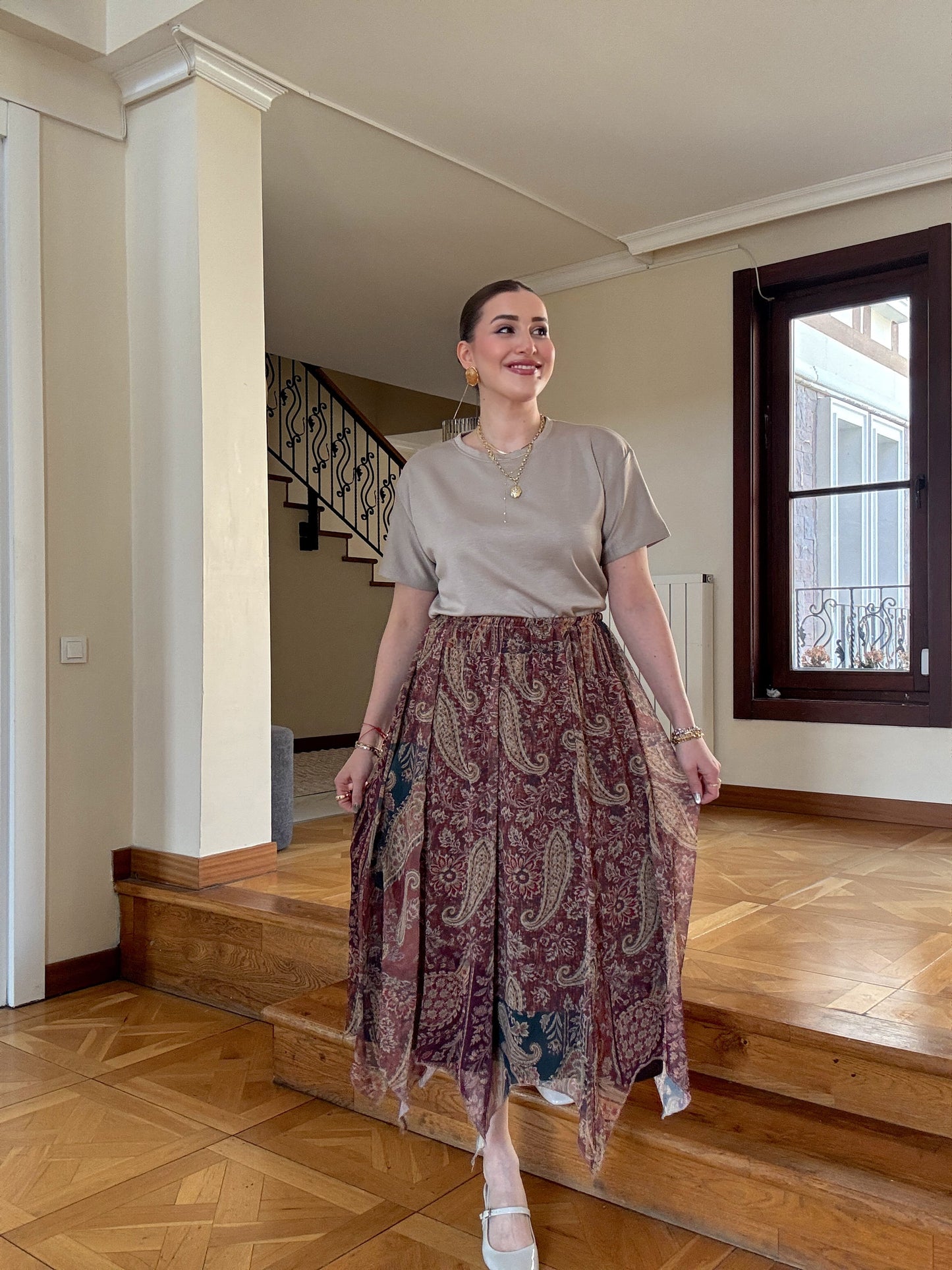 Asimetrik kesim vintage desenli şifon etek KAHVERENGİ