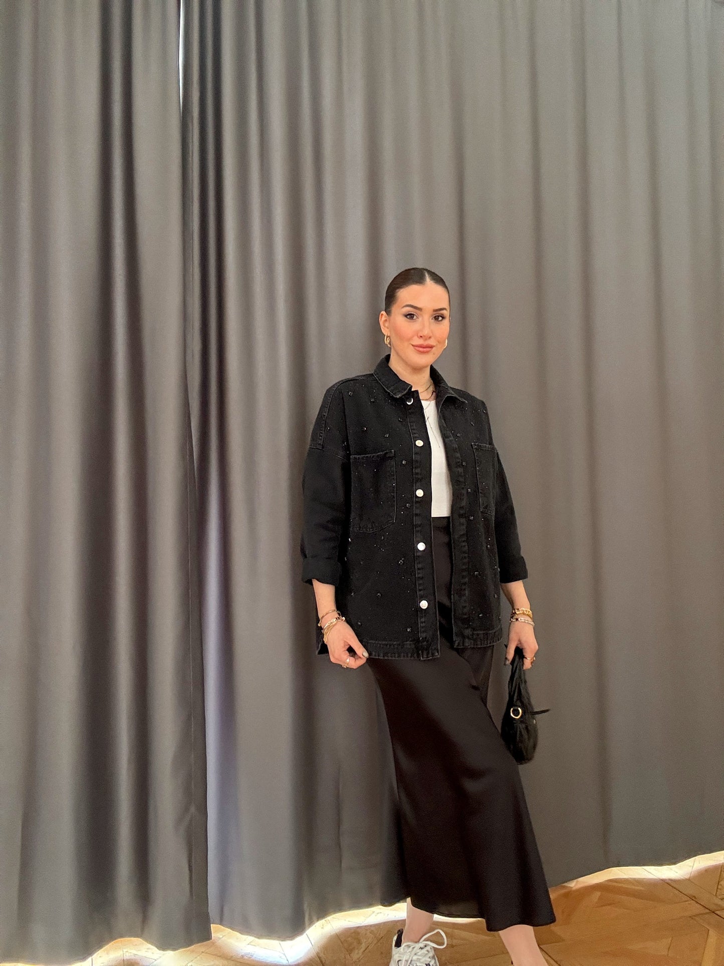 GALAXY taş işlemeli kot ceket SİYAH