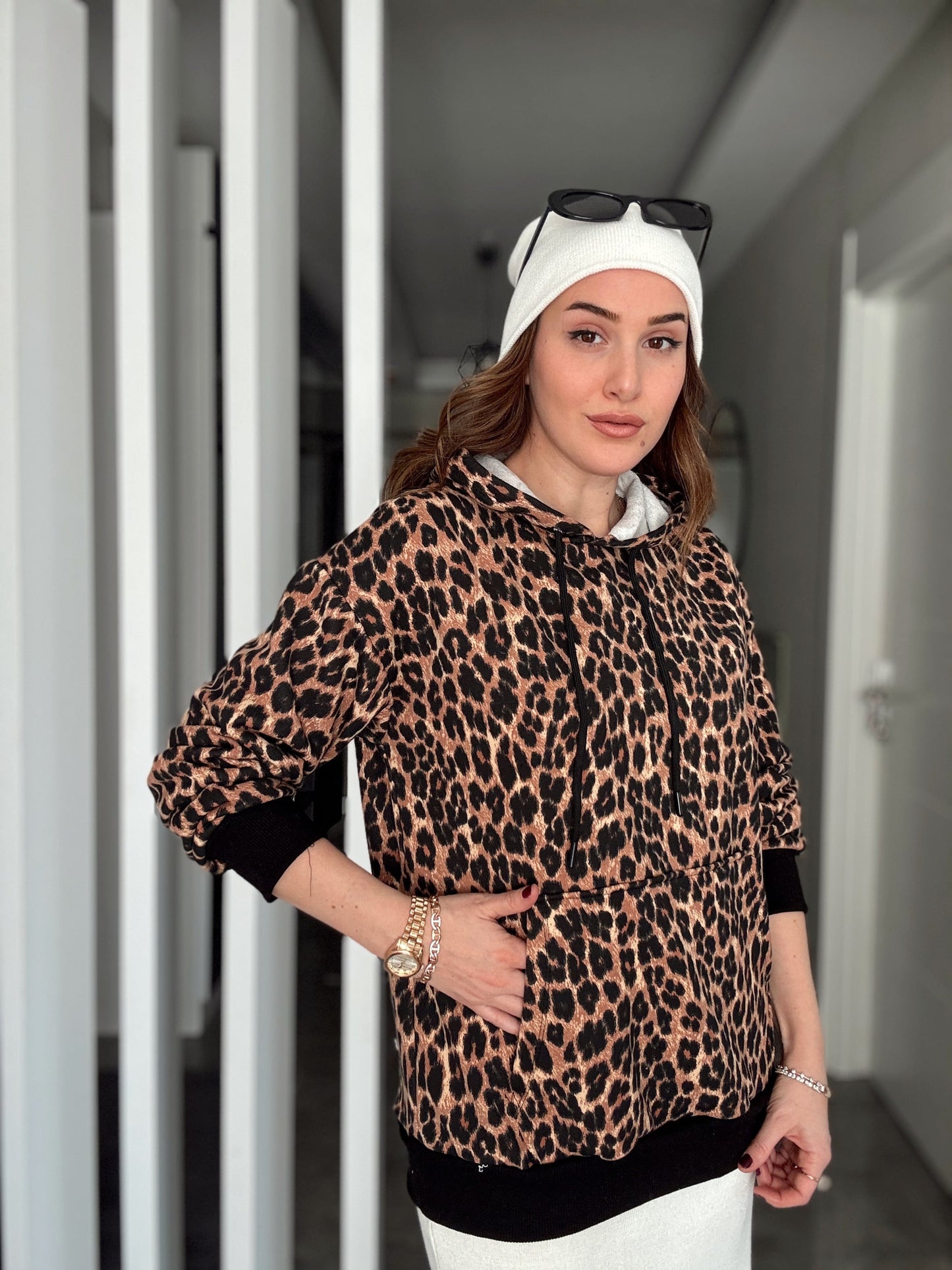 İki İplik Kapüşonlu Kanguru Cep Sweatshirt - LEOPAR