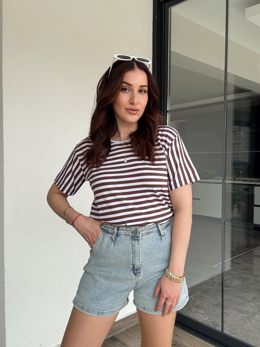 Çizgili Sıfır Yaka Kısa Kol Tişört - KAHVERENGİ