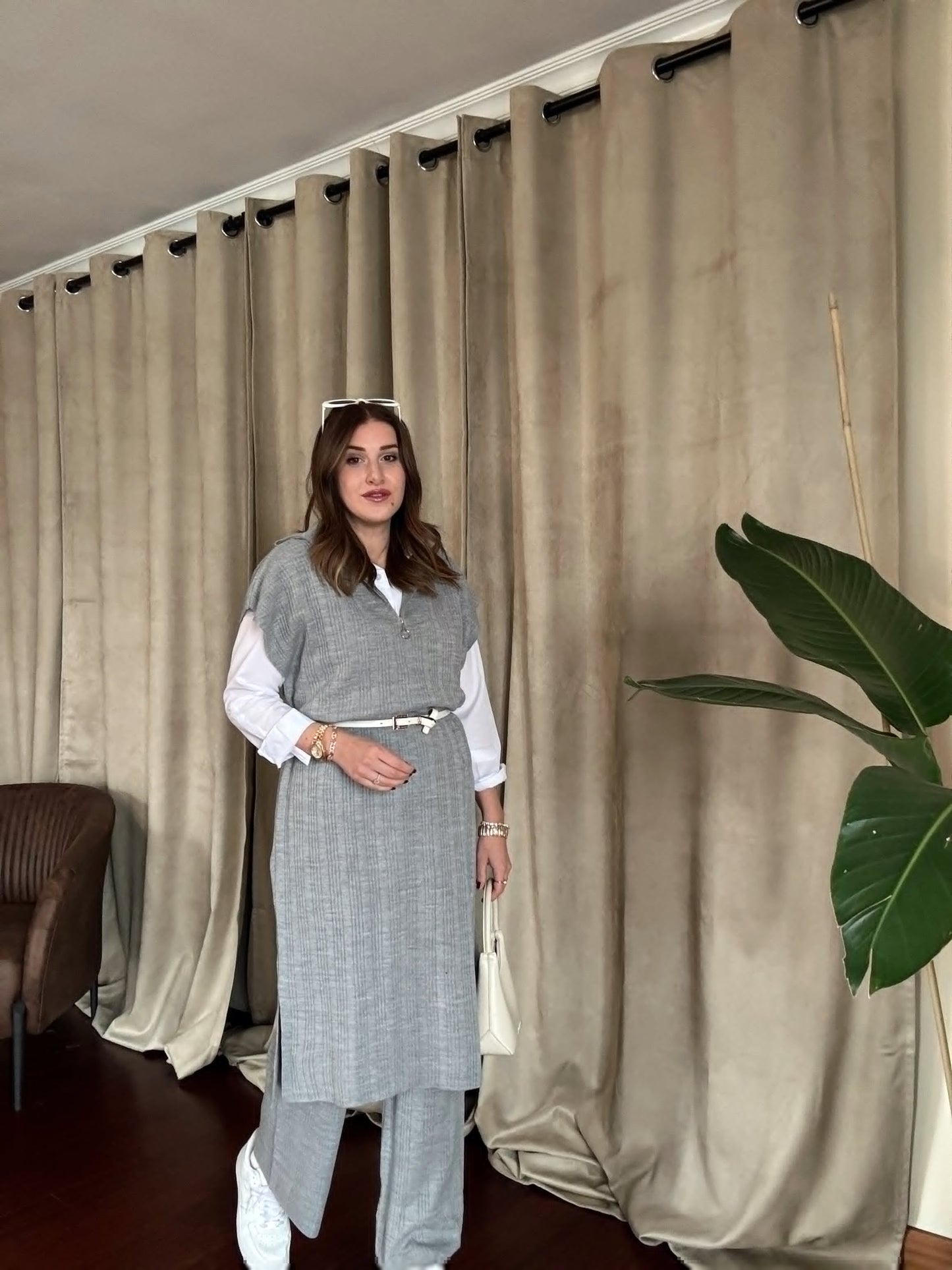 Süveterli Fitilli Triko Takım - GRİ
