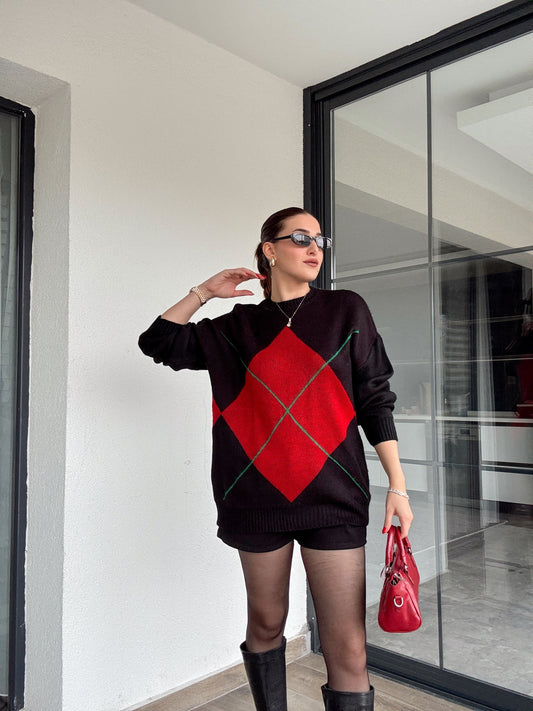 Klasik baklava desenli kazak SİYAH