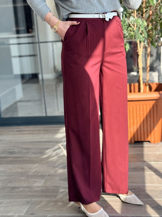 Toledo Beli Lastikli Bol Paça Pantolon - BORDO