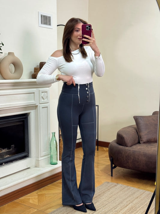 İspanyol paça çift fermuarlı tayt-FÜME