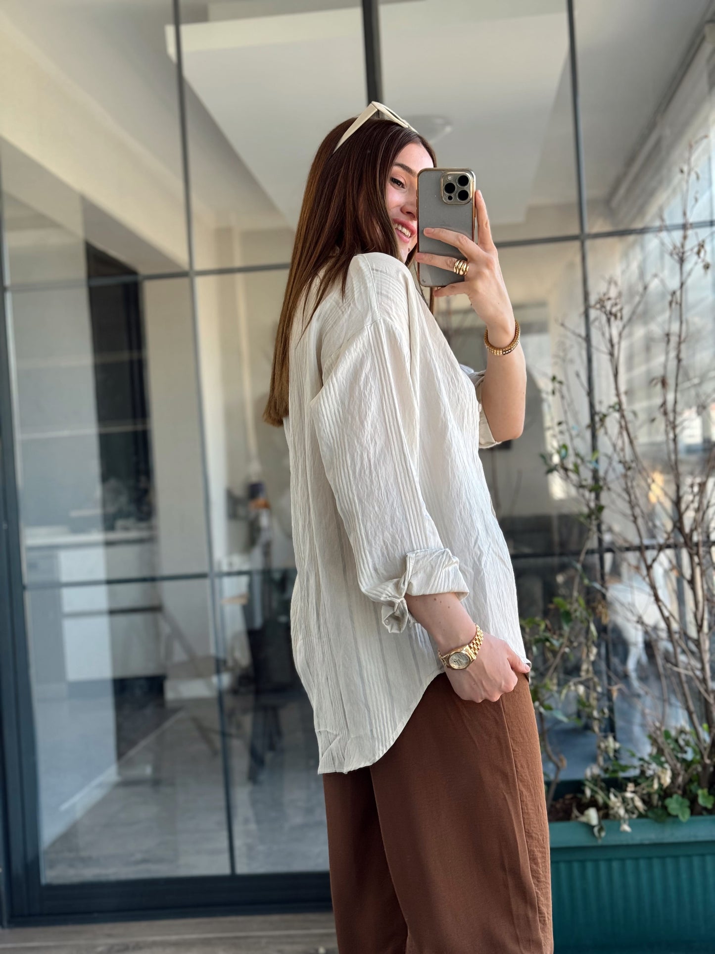 Parlak Şerit Dokulu Gömlek - TAŞ