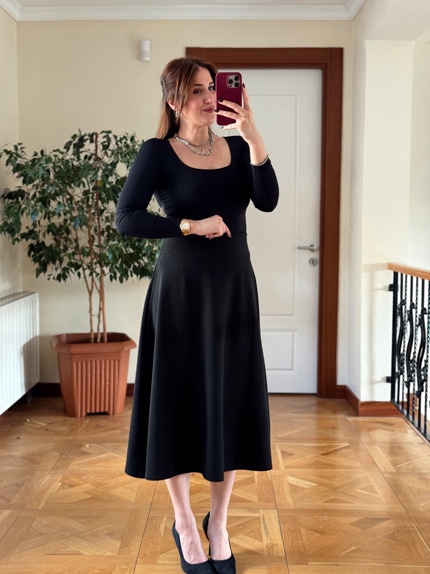 Kare yaka uzun kol bluz-SİYAH