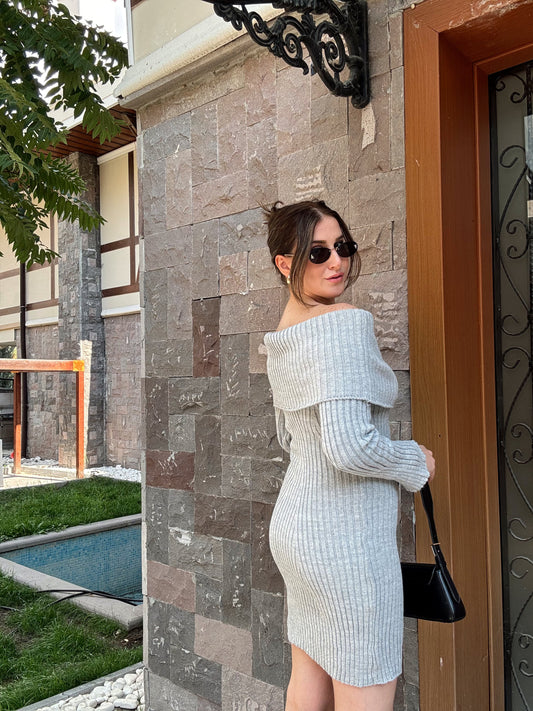 Kalın Fitil Madonna Yaka Elbise-GRİ