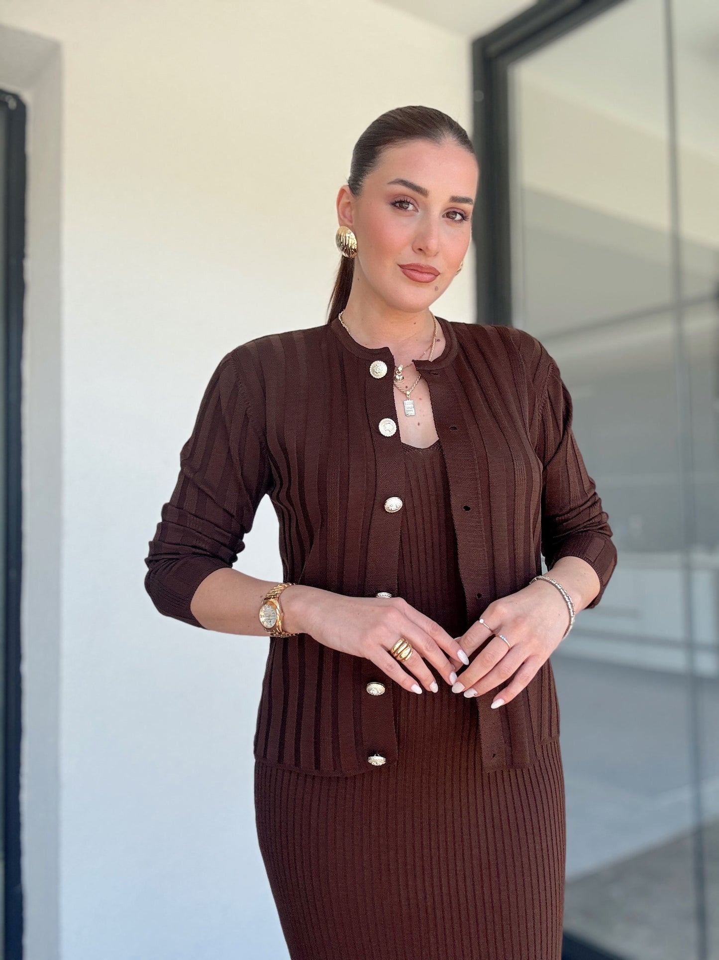Fitilli Düğmeli Triko Takım Kahve