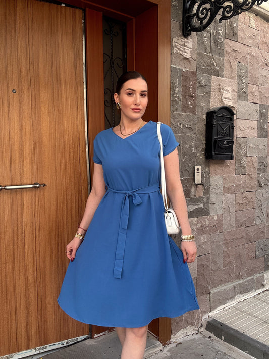 Beli kuşaklı tensel elbise İNDİGO
