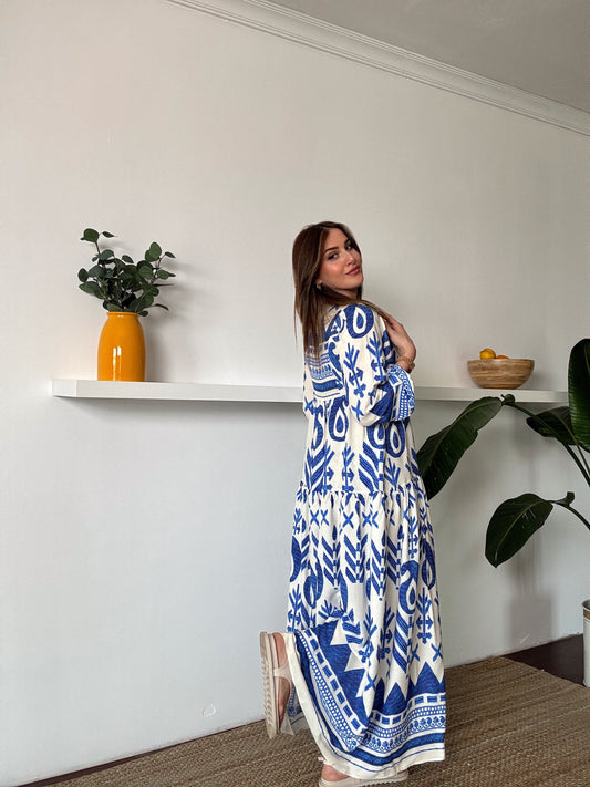 ŞANZELİ önden düğmeli volanlı elbise MAVİ