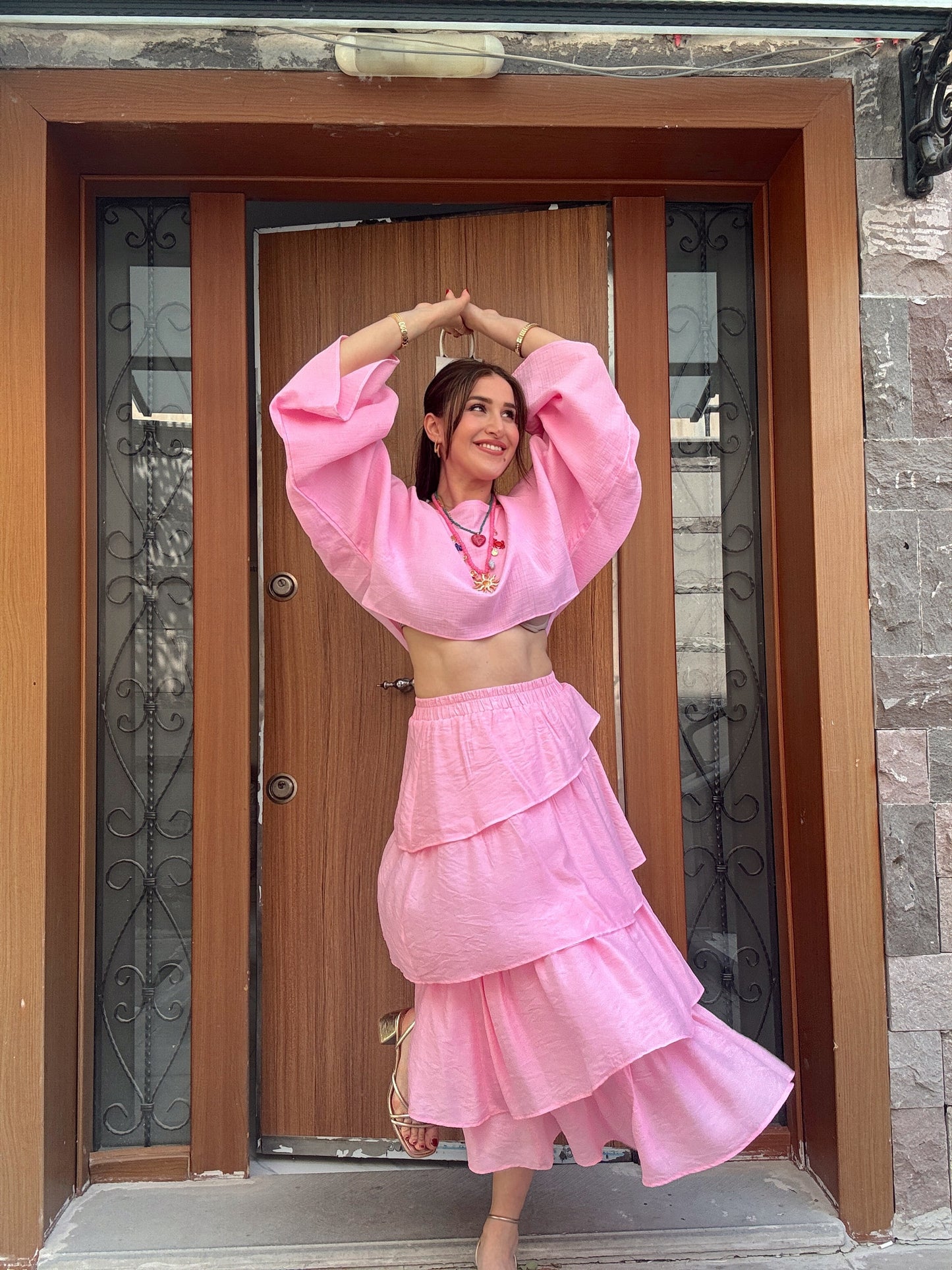 Fırfırlı beli lastikli viskon etek PEMBE