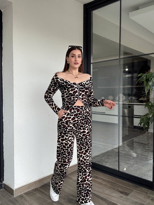 Leopar Desenli Ottoman Pantolon BORDO