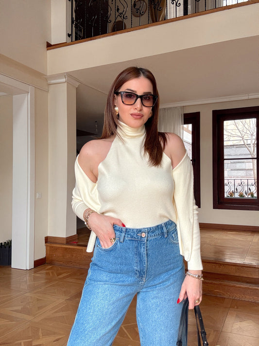 Halter yaka tek parça ceket-KREM