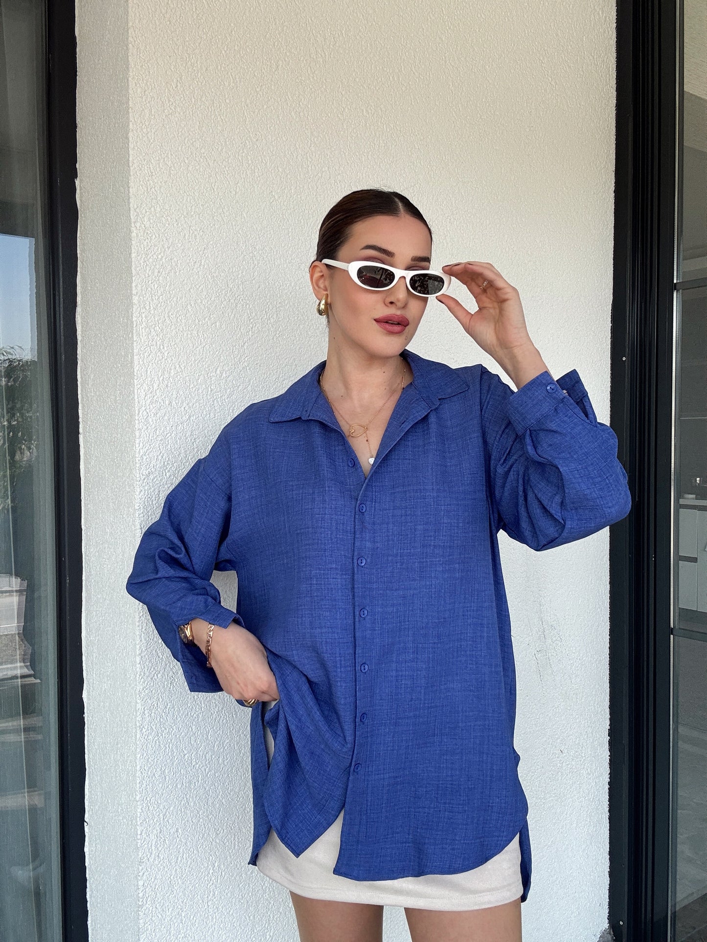 Arka Çift Pens Oversize Keten Gömlek SAKS MAVİ