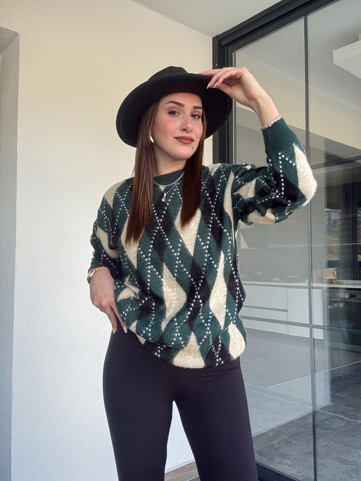 Tunik boy oversize baklava desenli kazak-YEŞİL