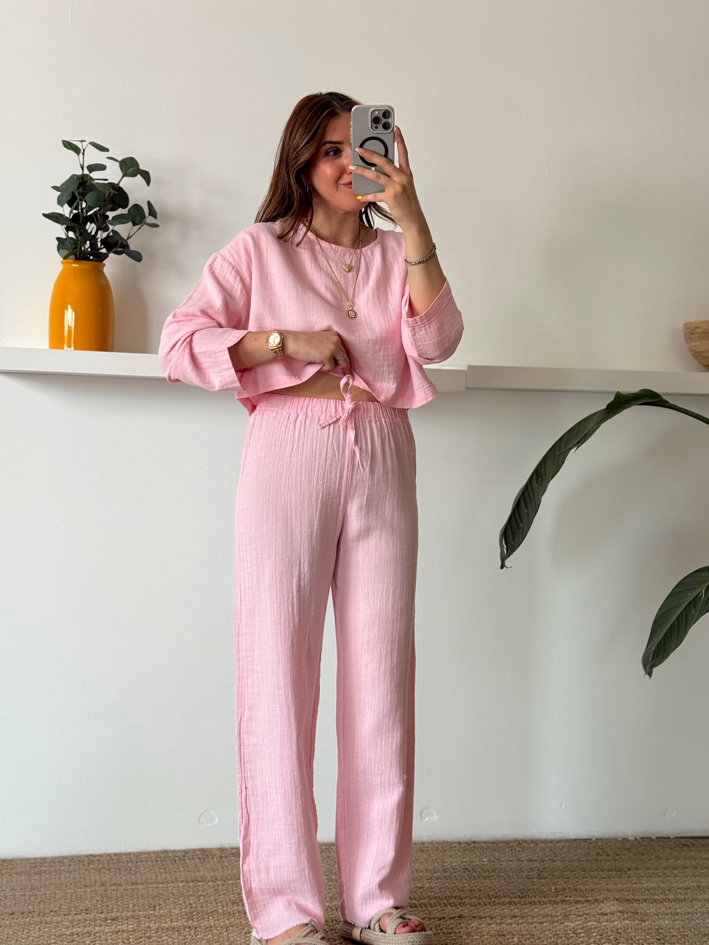 Keten uzun kol crop pantolon ikili takım PEMBE