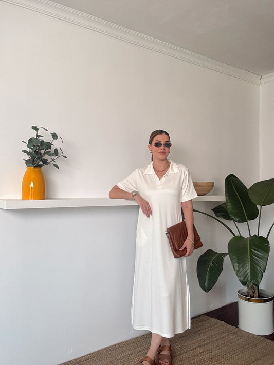 Polo yaka Modal Kumaş Elbise Beyaz