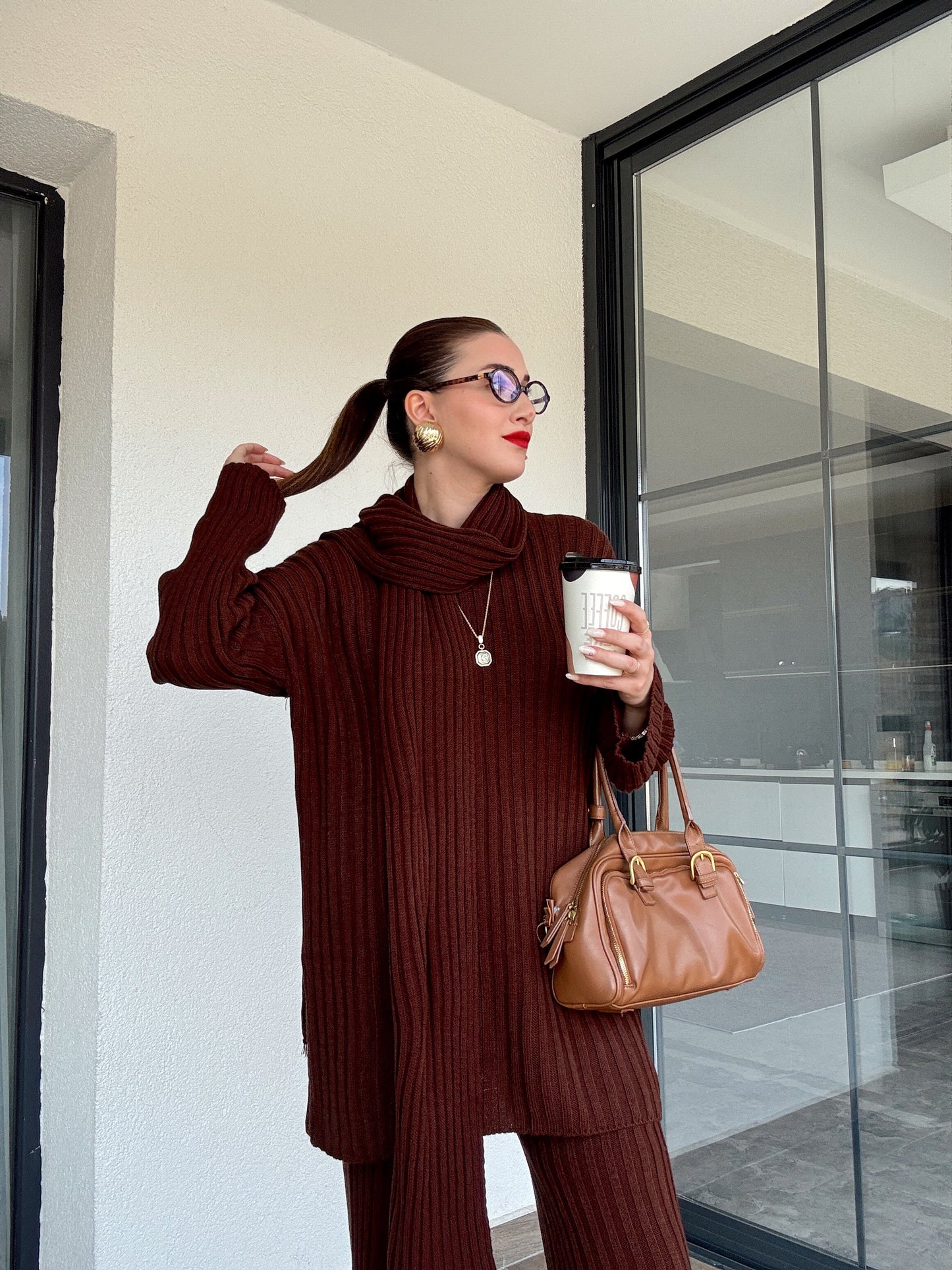 Şallı triko takım-KAHVERENGİ