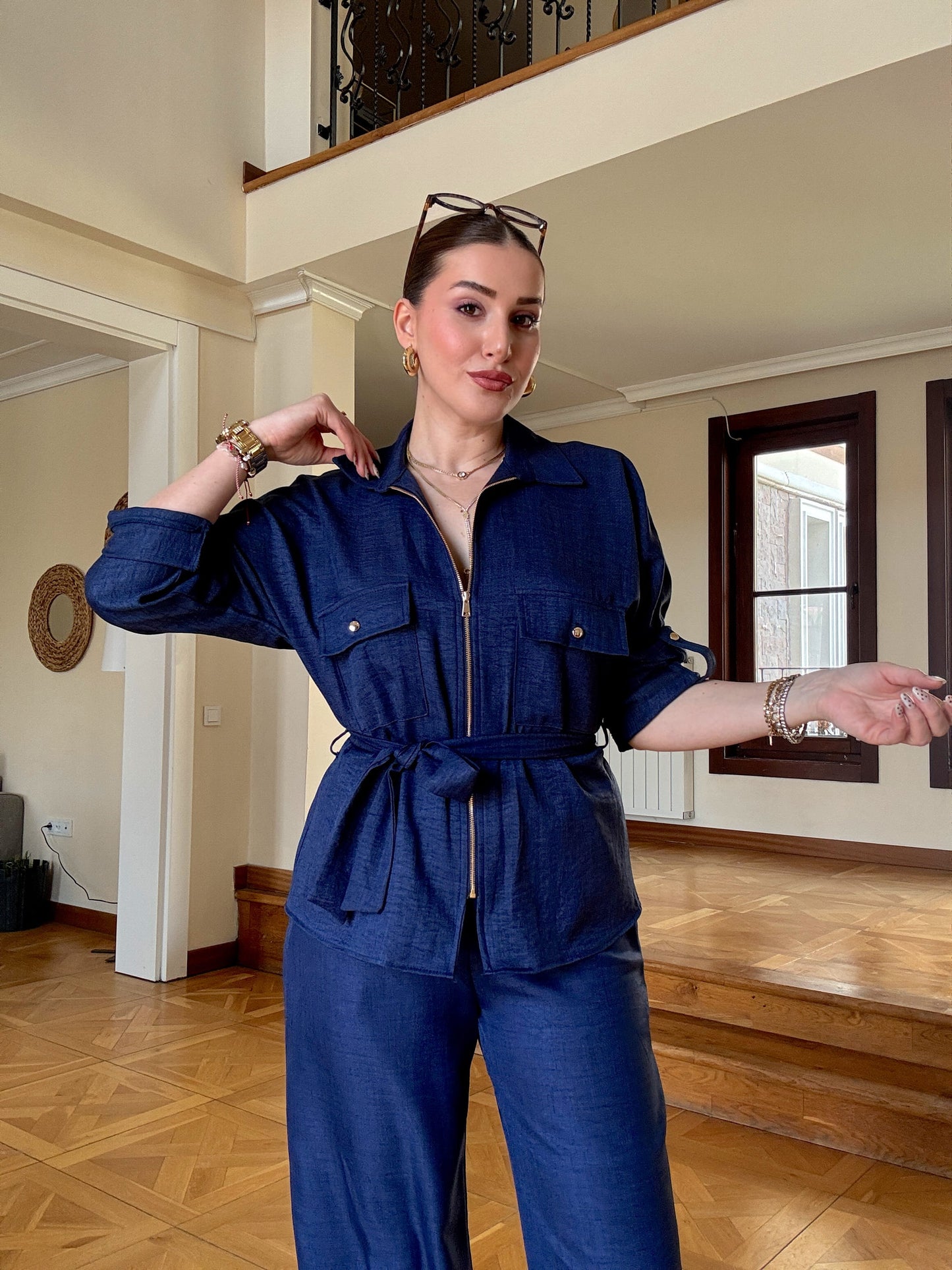 Kuşaklı Keten Takım lacivert