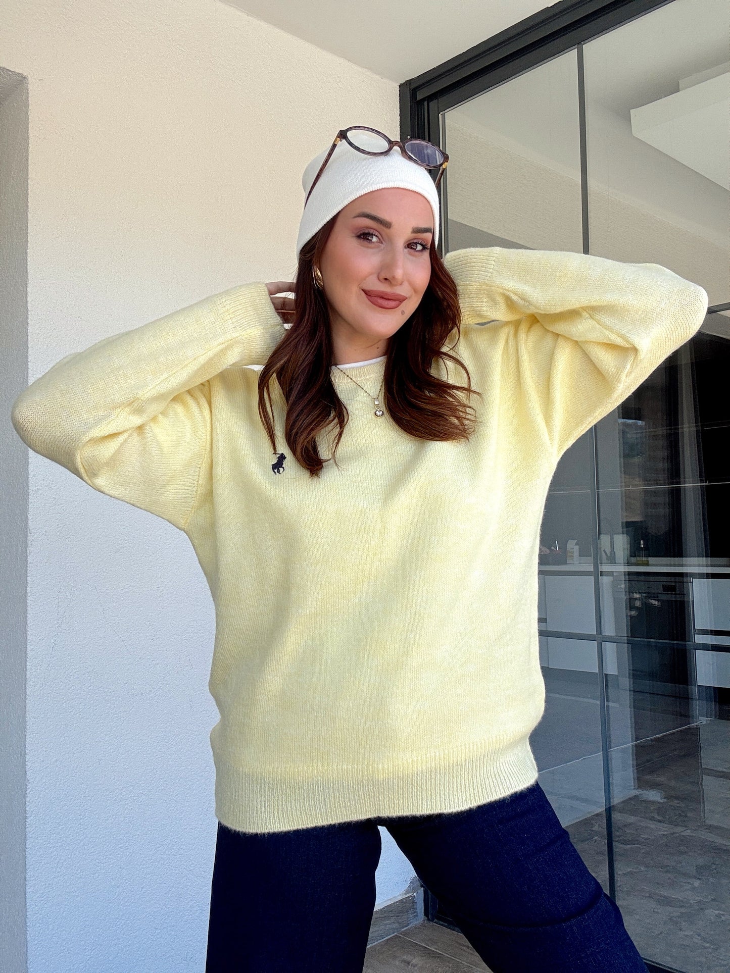 Nakışlı Oversize Triko Kazak Sarı