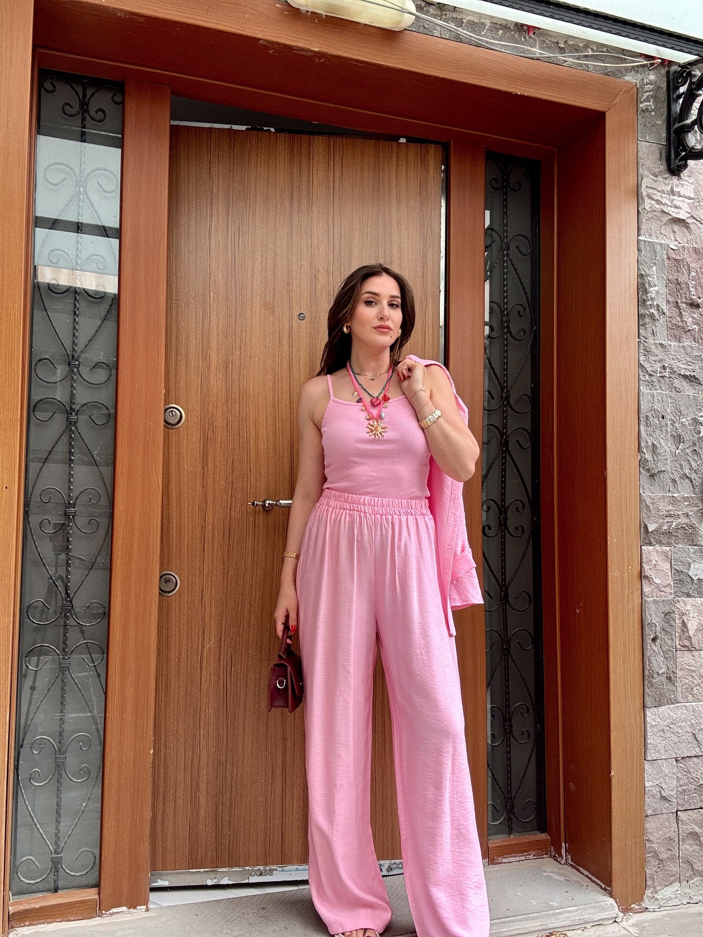 3 Parça Keten Takım Pembe