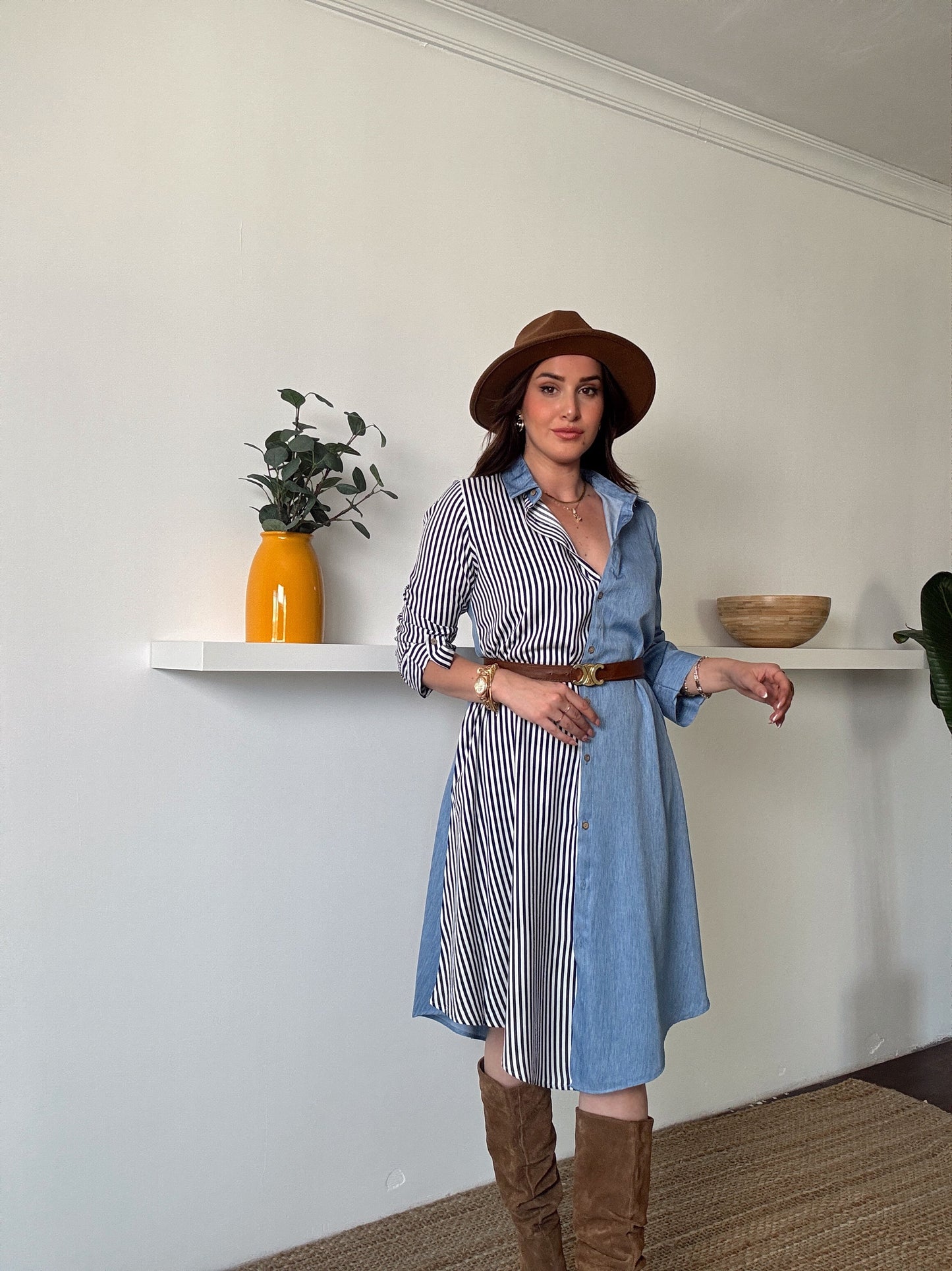 Çizgili tensel denim görünümlü elbise AÇIK MAVİ