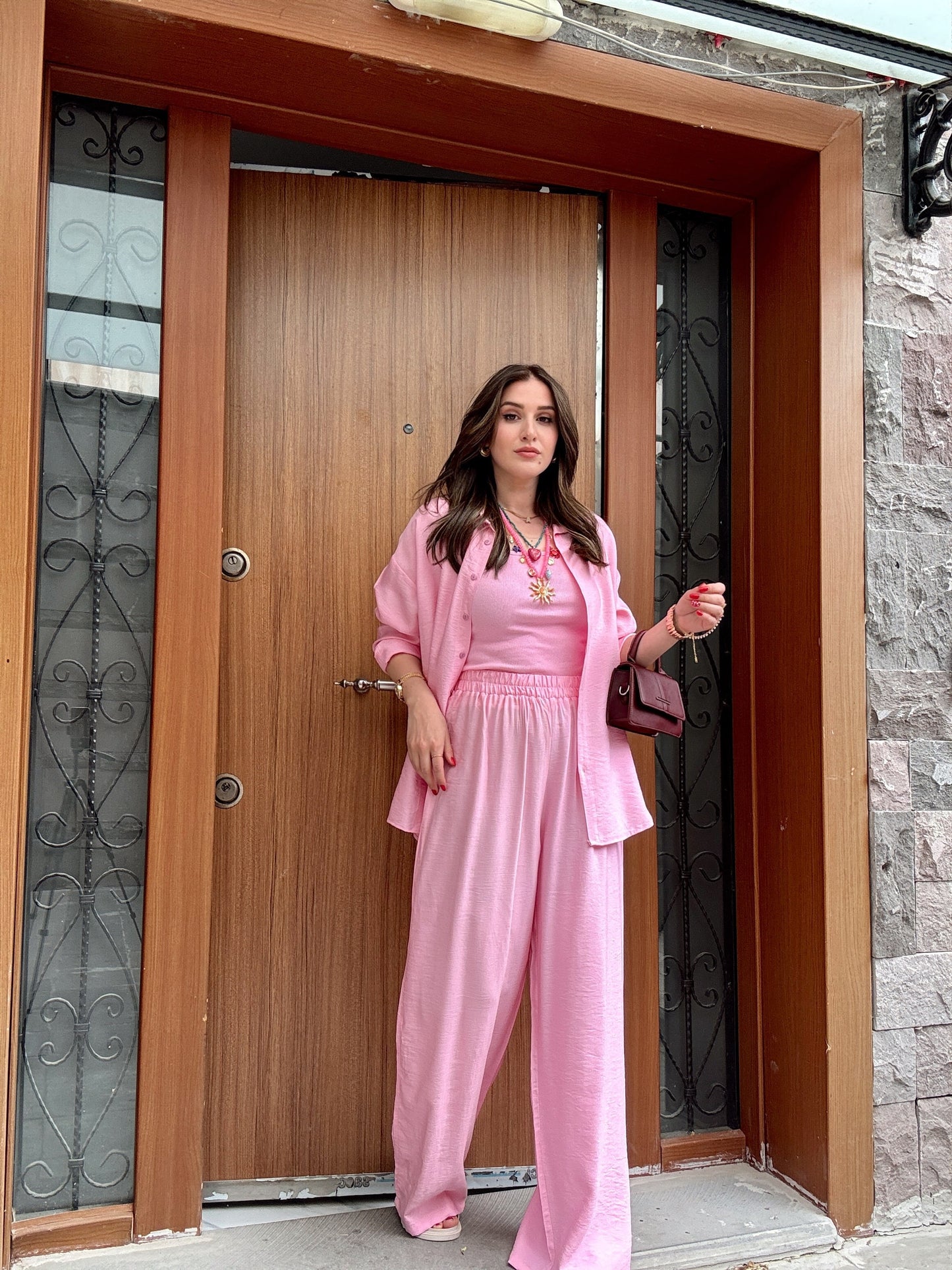 3 Parça Keten Takım Pembe