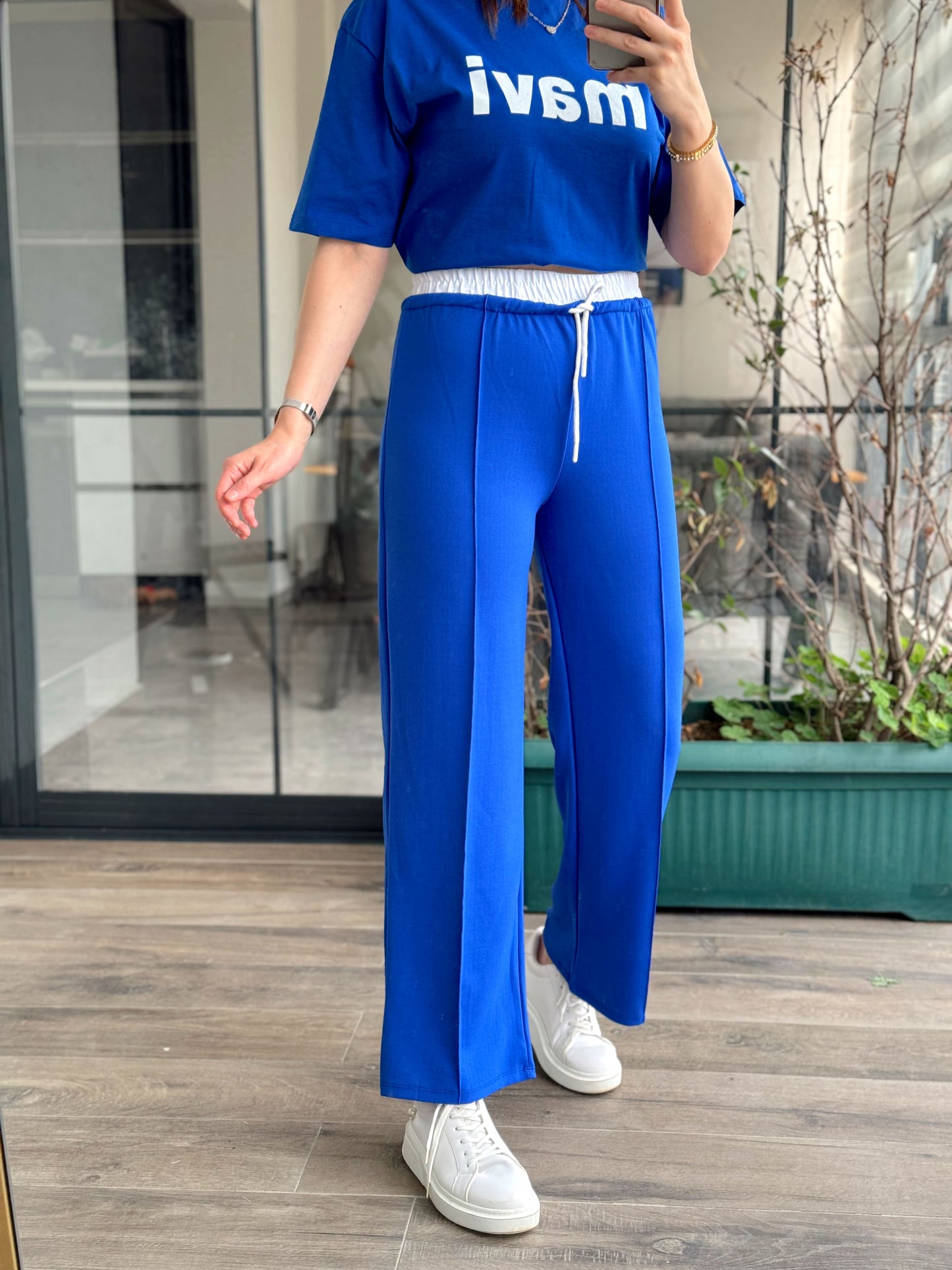 Beli Lastikli Çimalı Pantolon - SAKS MAVİ