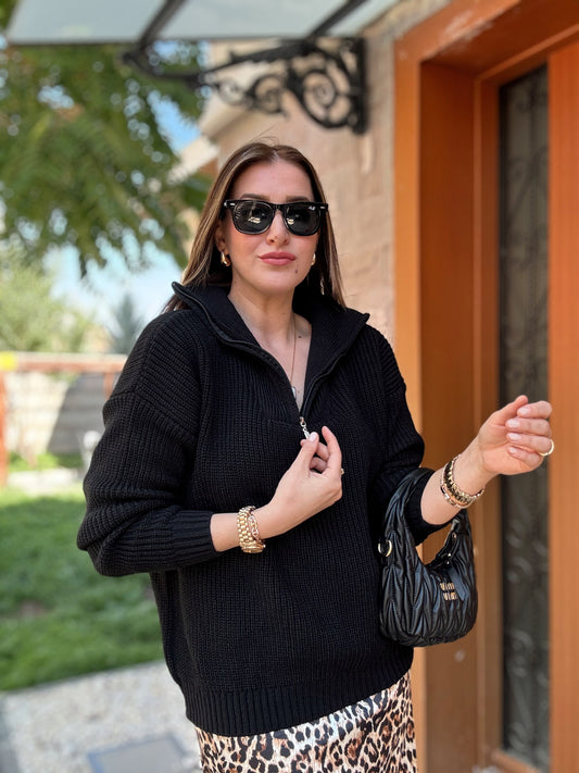 Geniş Fermuar Yaka Selanik Kazak SİYAH