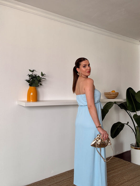 Straplez gold düğme detaylı fitilli elbise MAVİ