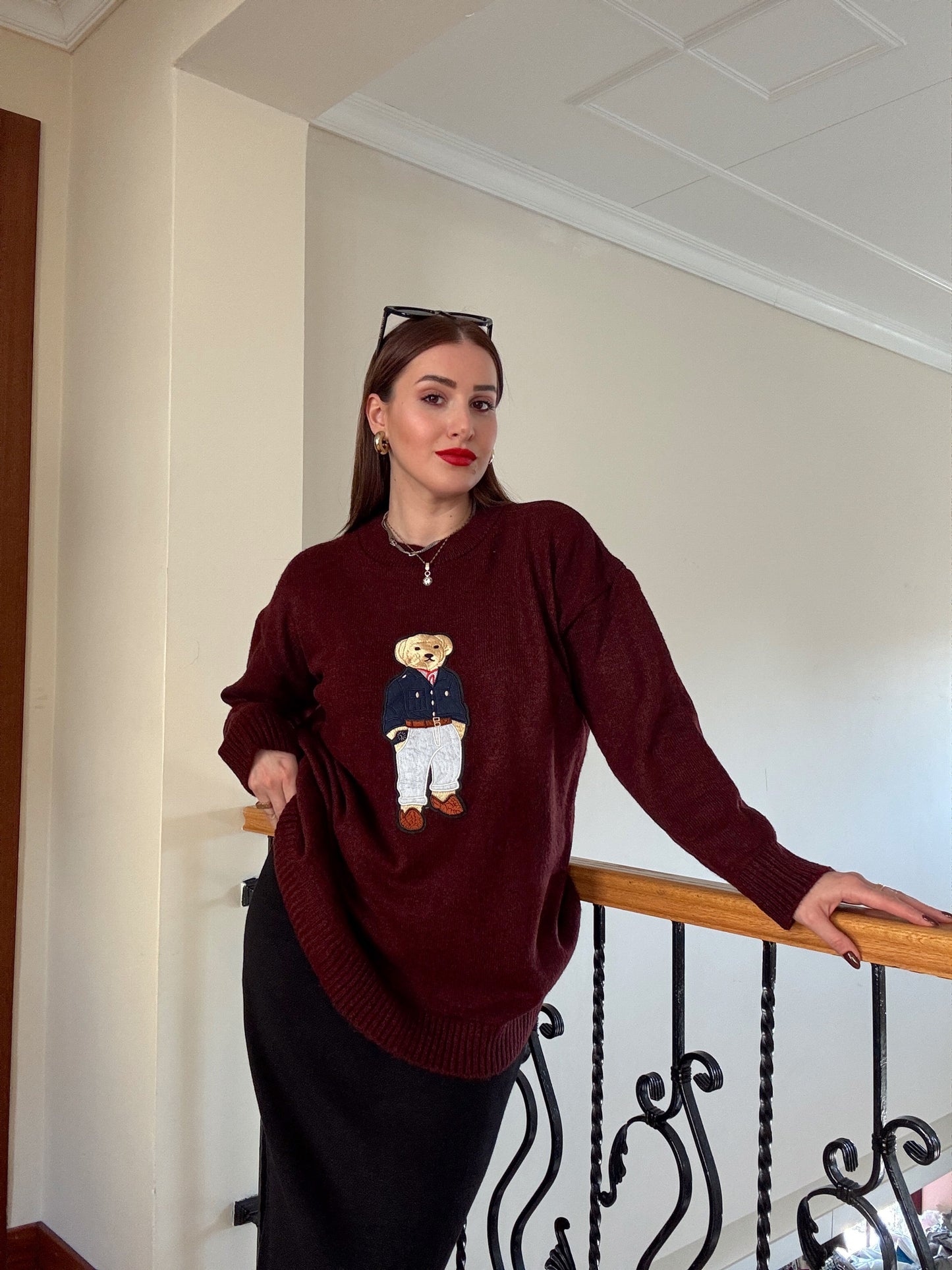 Ayıcık İşleme Yumoş Triko Kazak - BORDO