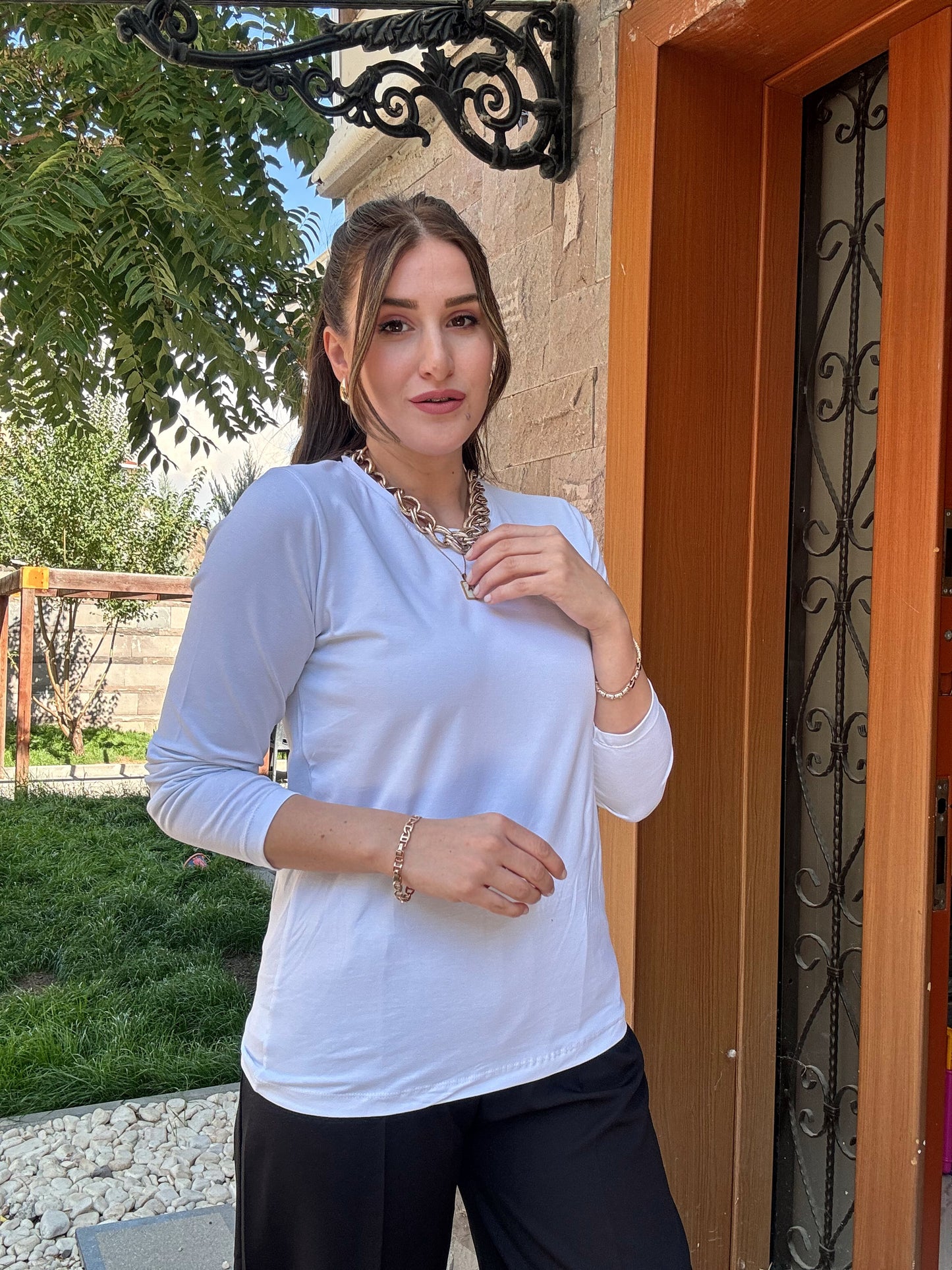Basic Sıfır Yaka Uzun Kol Badi - BEYAZ