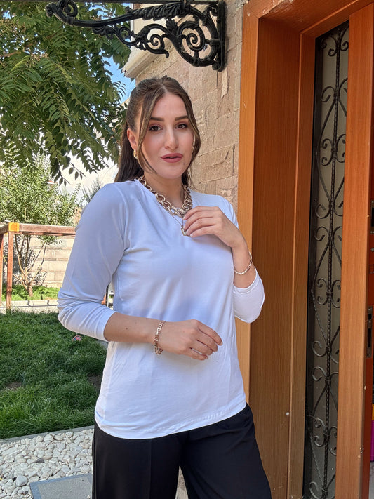 Basic Sıfır Yaka Uzun Kol Badi - BEYAZ