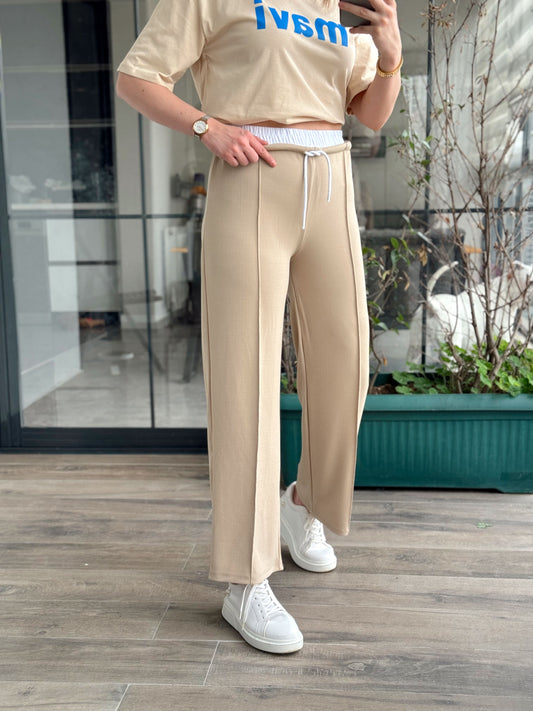 Beli Lastikli Çimalı Pantolon - BEJ