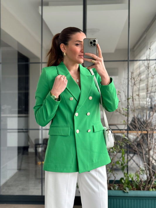 Gold Düğme Blazer Ceket - YEŞİL