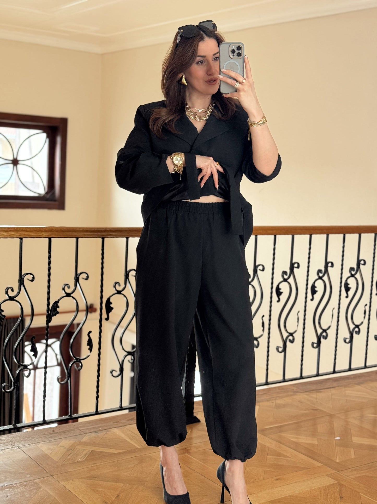 Ceket Kuşaklı Şalvar Takım-SİYAH