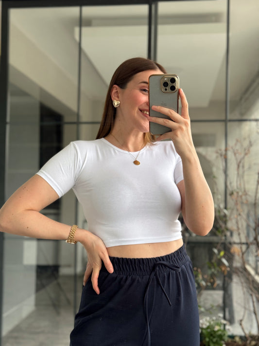 Pamuklu Crop Tişört - BEYAZ
