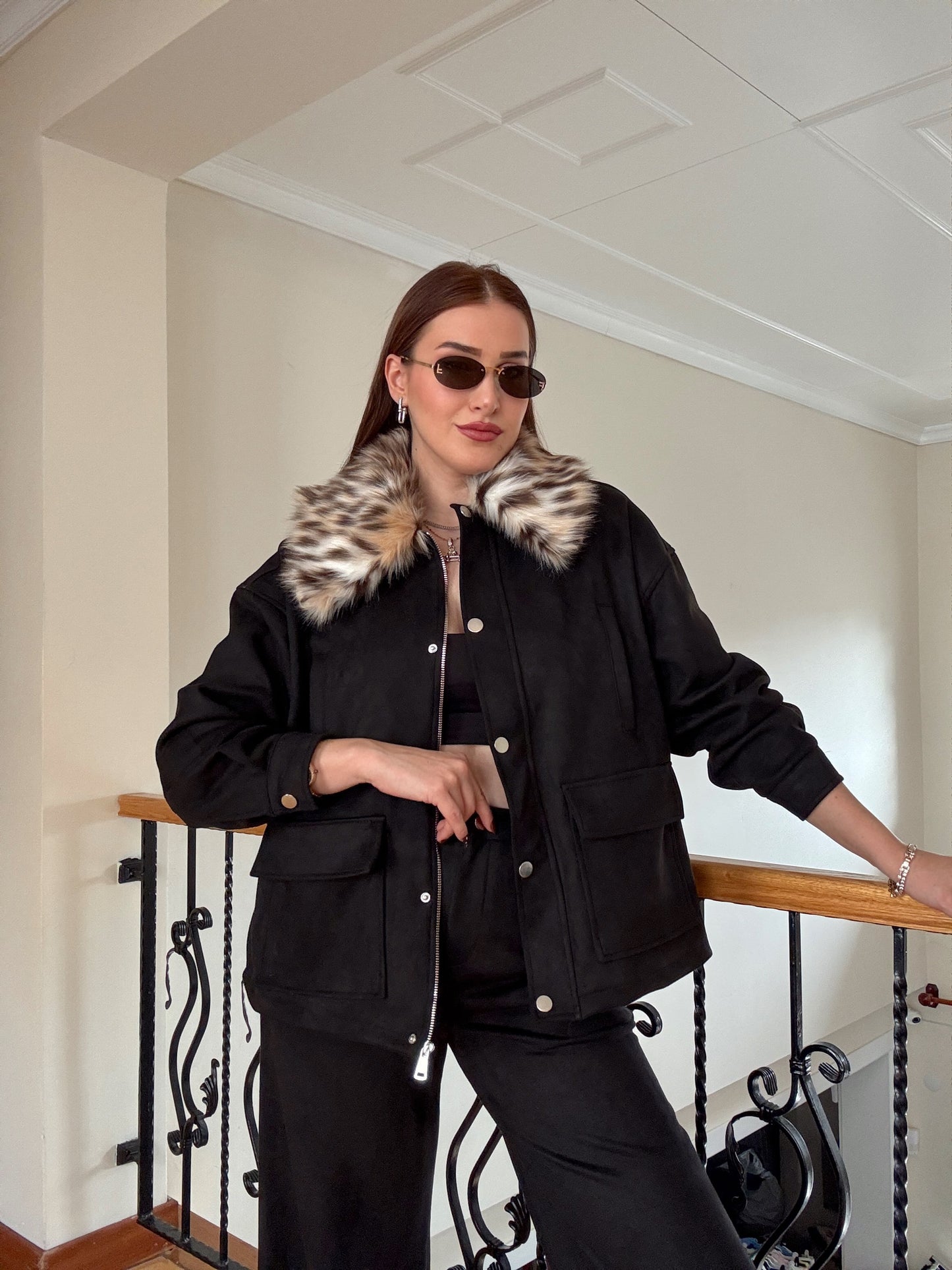 LEOPAR yaka süet ikili takım SİYAH