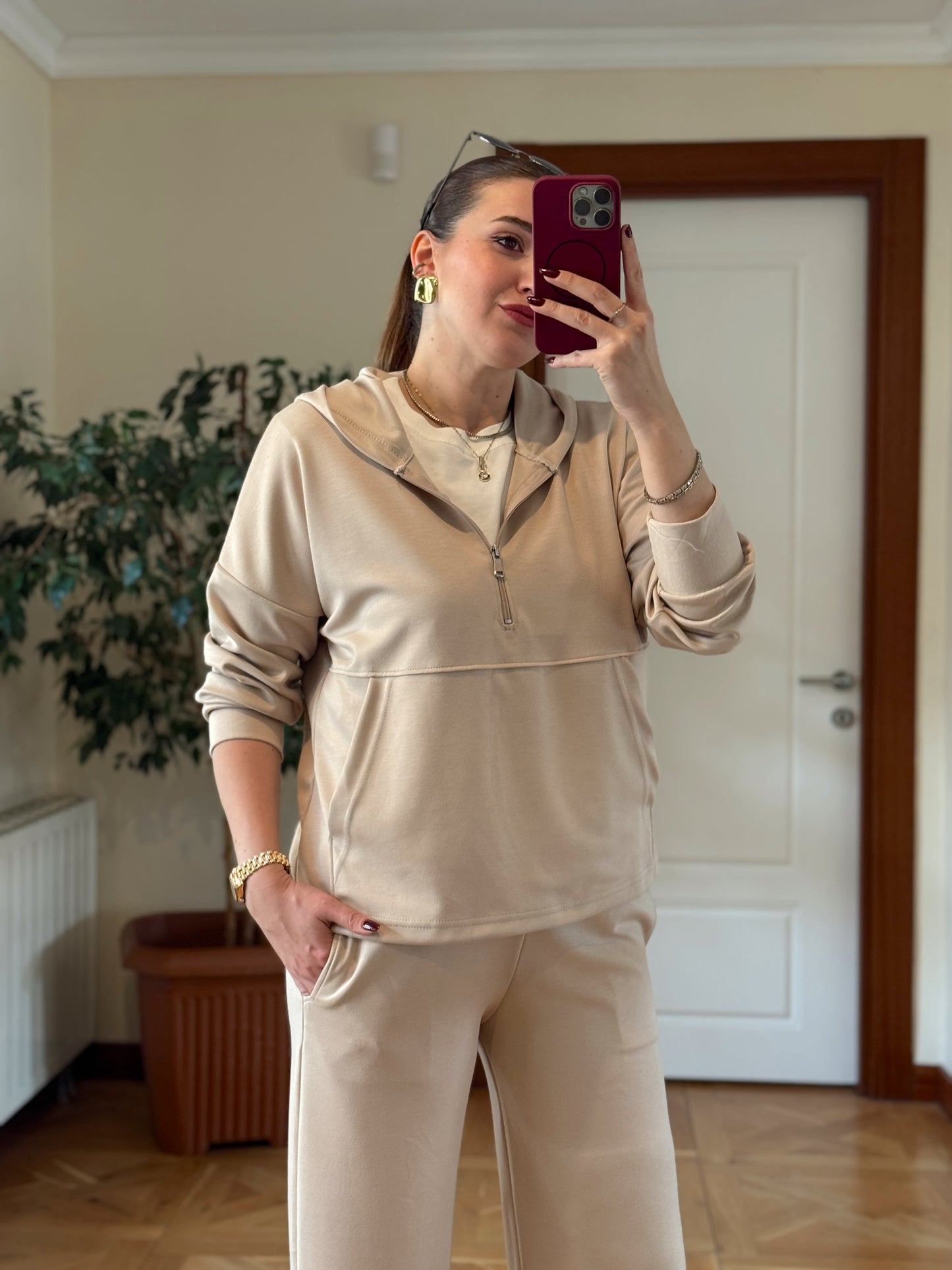 MODAL KUMAŞ KANGURU CEP YARIM FERMUAR TAKIM-TAŞ